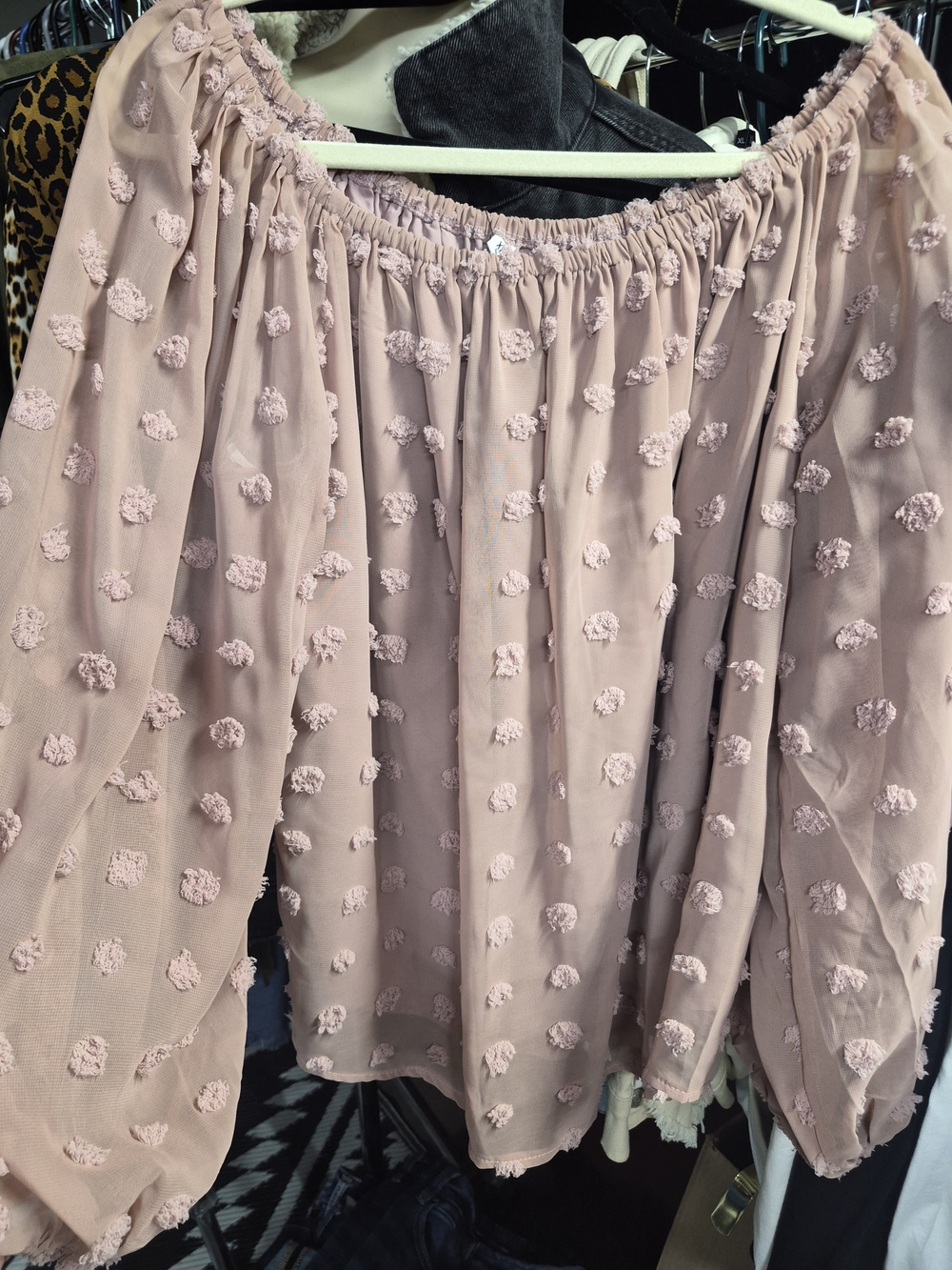 Blush Pink Textured Swiss Dot Off-Shoulder Top